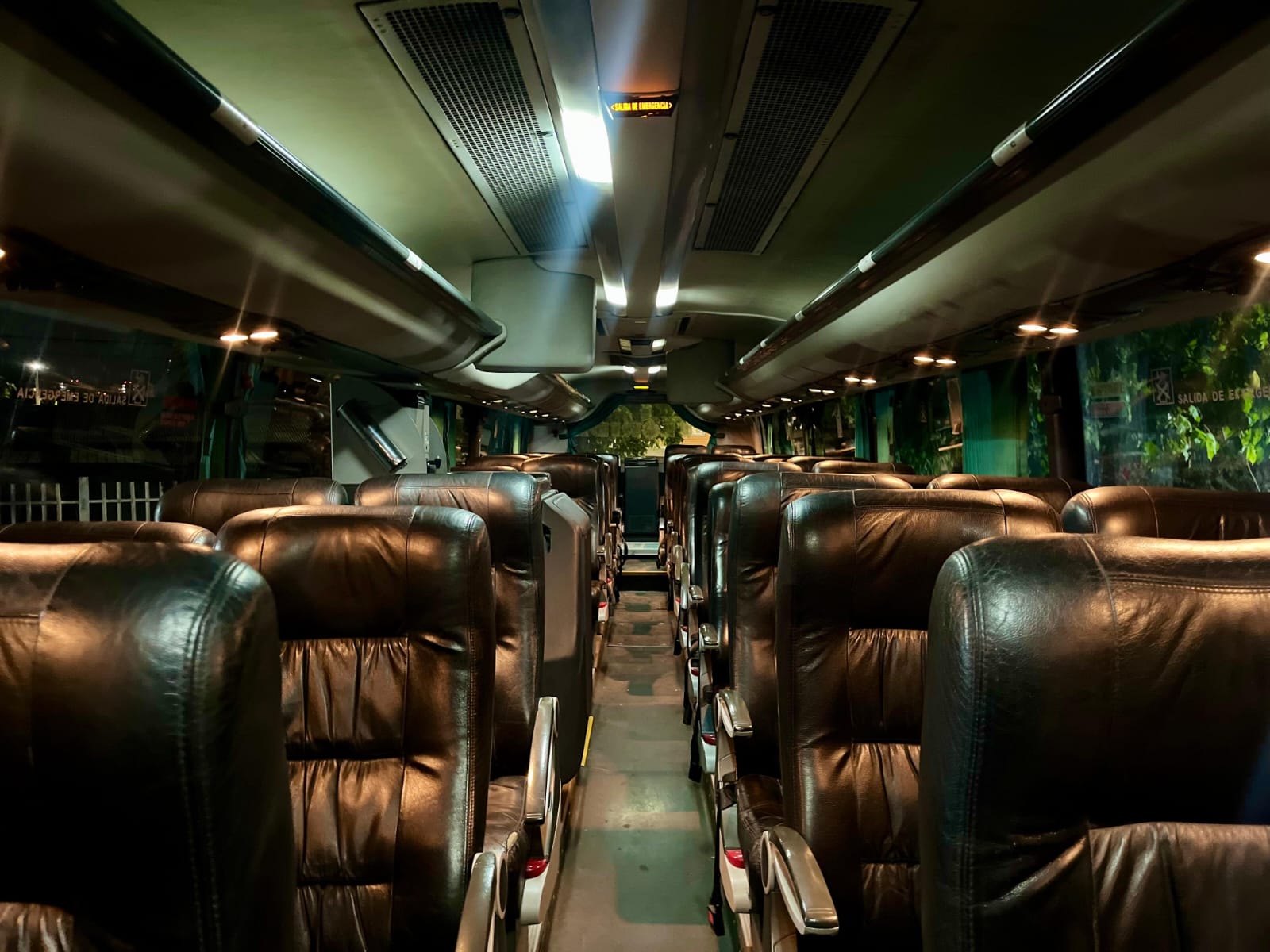 Interior del bus con salida de emergencia señalizada y asientos reclinables